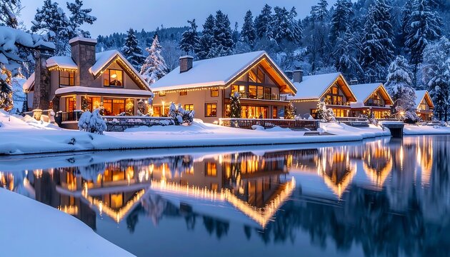 Lakeside winter scene of illuminated houses. Snow covers roofs and surrounding trees. Reflections in the calm water. Evening lights