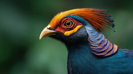 Fototapeta premium Colorful bird portrait with orange crest, blue feather, and exotic eye on green background