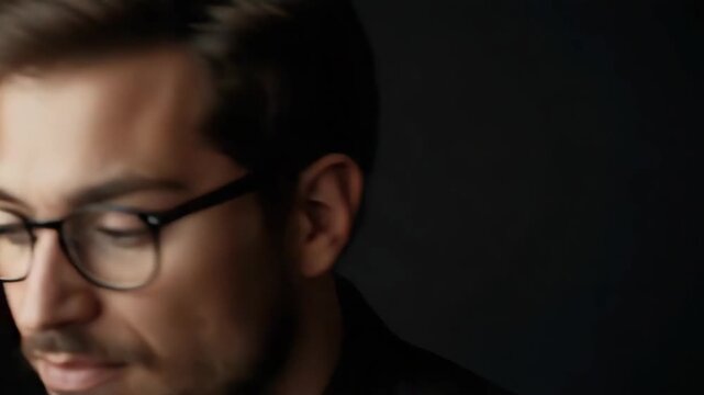 Young man glasses portrait thoughtful side view wearing glasses looking down pensively dramatic