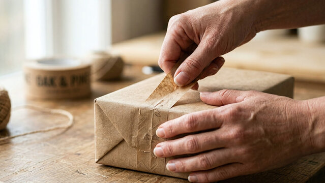 Hands Sealing a Kraft Paper Wrapped Package with Adhesive Tape