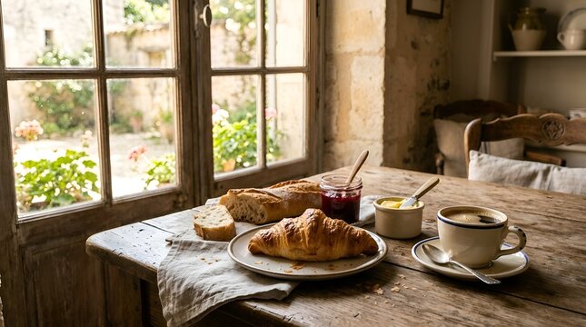 Rustic French breakfast with croissant baguette coffee and jam on a wooden table near a sunny window