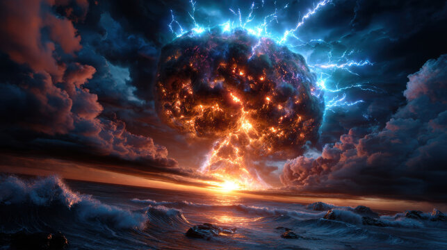 Apocalyptic sky over ocean with colossal fiery explosion and blue lightning at sunset, dramatic storm scene