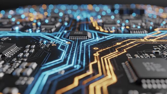 Closeup of a hightech computer circuit board with glowing blue and orange data pathways and integrated microchips in a futuristic digital technology concept
