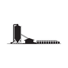 Fototapeta premium Minimalist black silhouette of a grain elevator and railroad cars