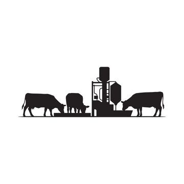 Silhouetted farm scene depicting cows grazing near feeding equipment