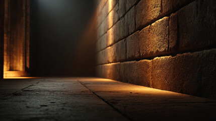Fototapeta premium Dark stone corridor empty hallway warm light moody interior medieval castle ancient wall shadowy passage stone floor archway dramatic contrast