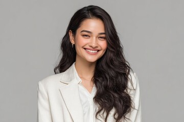 Fototapeta premium Smiling Asian businesswoman wearing an elegant light blazer in a clean studio portrait with a neutral background expressing professionalism.