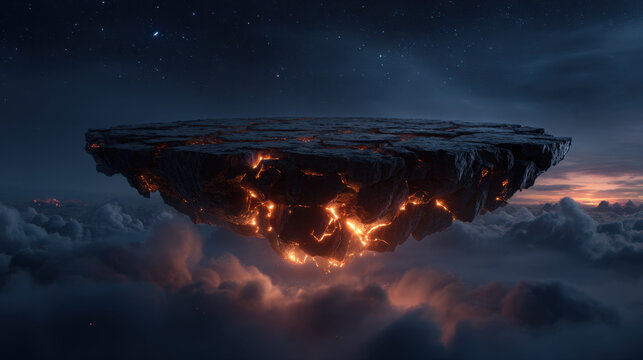Floating volcanic rock platform hovering above clouds with glowing lava fissure under night sky, dramatic surreal landscape