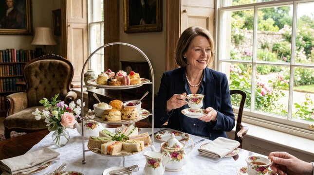 A woman in a blue suit sitting at a table with a tray of tea and pastries, smiling and enjoying a tea party.
