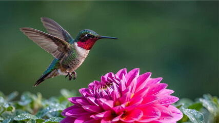 Fototapeta premium Ruby-throated Hummingbird Hovering Over Pink Dahlia Flower in Macro Photography