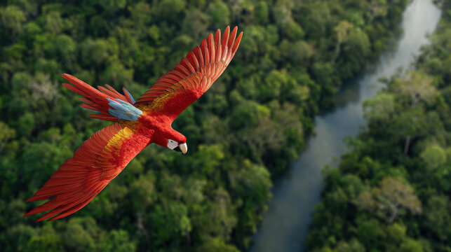 Scarlet macaw flying over tropical forest river, vibrant red parrot in rainforest wildlife scene