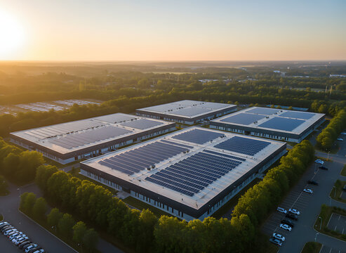 Large modern data center campus with solar panels on rooftops. Buildings arranged in a row, vast parking lots filled with cars, surrounded by green trees and clear sky. Modern Sustainable Business 