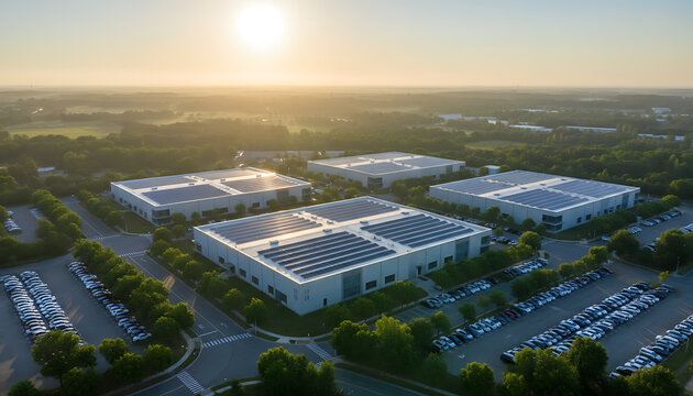 Large modern data center campus with solar panels on rooftops. Buildings arranged in a row, vast parking lots filled with cars, surrounded by green trees and clear sky. Modern Sustainable Business 