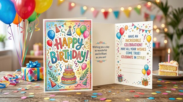 A colorful birthday card with balloons and a cake on a wooden table with a lit candle.