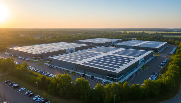 Large modern data center campus with solar panels on rooftops. Buildings arranged in a row, vast parking lots filled with cars, surrounded by green trees and clear sky. Modern Sustainable Business 
