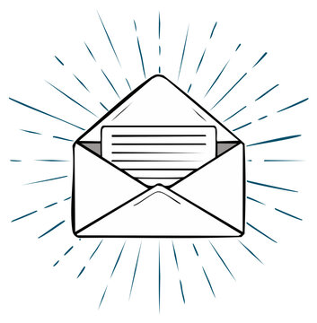 Open Envelope with Letter Inside and Sunburst Background, Hand Drawn Style Black and White Line Art