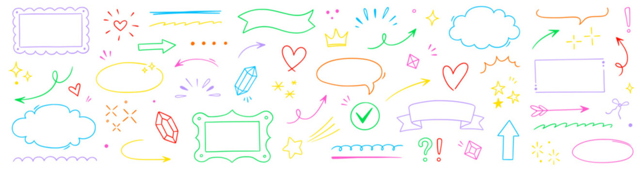 Cute arrow, star, frame hand drawn line set. Cute arrow line hand drawn heart underline dairy element icon. Star frame, doodle cloud marker sketch cartoon children colorful love. Vector illustration