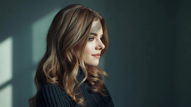 Young woman profile portrait side view by window light, thoughtful sunlight face and soft expression