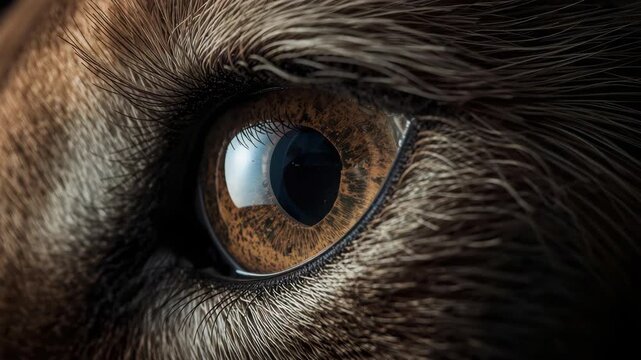 Close up brown animal eye reflecting light with detailed fur texture and sharp eyelashes