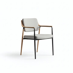 Fototapeta premium A modern chair with wooden and metal legs and gray cushions
