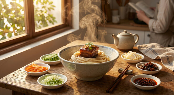 A lifestyle food photograph of a steaming bowl of Zha Jiang Mian set on a table by a window during the golden hour. The low sun catches the steam and makes the glossy,