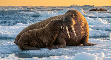 Fototapeta premium A heartwarming, medium shot of a female Walrus and her young calf resting on an ice pan. The calf, with much shorter tusks and a darker coat, is nuzzled against its mother's massive side. 