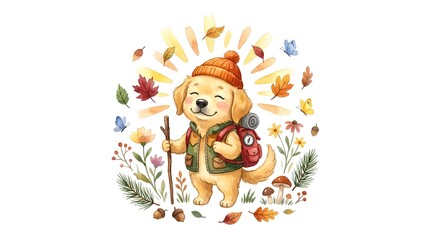 Naklejka premium Cute Golden Retriever Puppy Hiking in Forest Hand-painted Watercolor Illustration Professional Dog Personification Camping Nature Lifestyle Background for Peaceful Meditation and Autumn Celebration