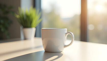 Fototapeta premium A steaming hot cup of coffee and a white cup of tea sit on a cafe table, featuring a closeup of a ceramic mug with a saucer and spoon during a quiet morning breakfast