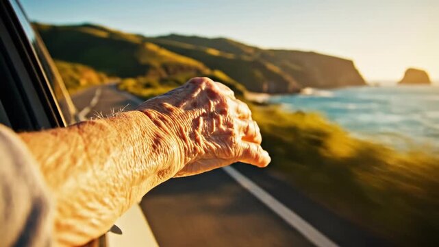 A person's hand sticks out of a car window on a coastal road at sunset