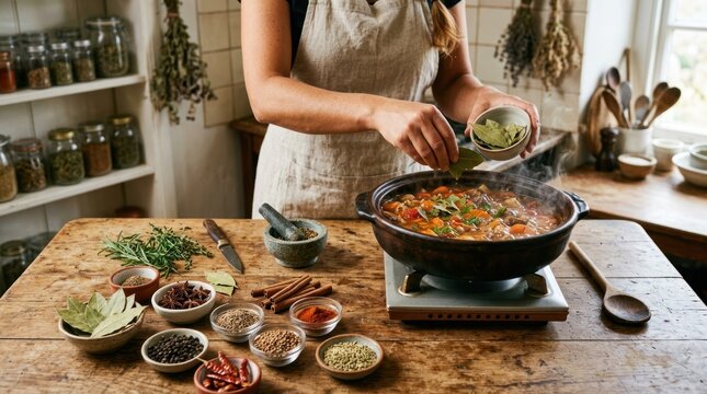 A person preparing a meal in a rustic kitchen with a wooden table and a variety of herbs and spices.
