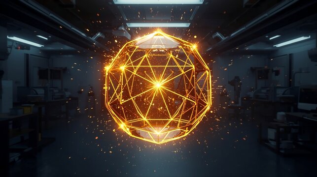 Futuristic glowing geometric sphere energy in dark laboratory, sci-fi glowing wireframe globe with sparks and light effects