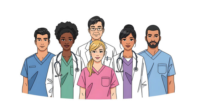 Medical Team: A collaborative depiction of a diverse medical team standing shoulder-to-shoulder, showcasing unity and expertise in a professional healthcare environment.