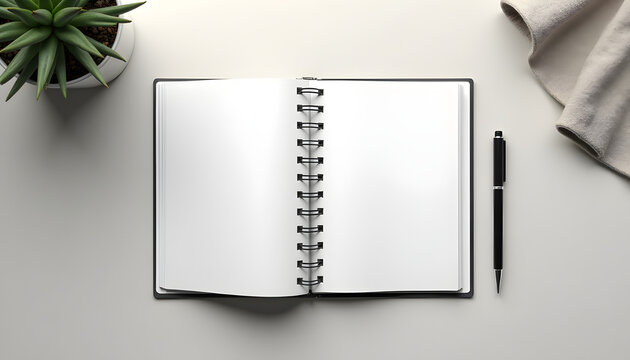 A clean, open spiral notebook with a blank white paper sheet and a pen rests on an empty office notepad template, perfect for business notes or school education design