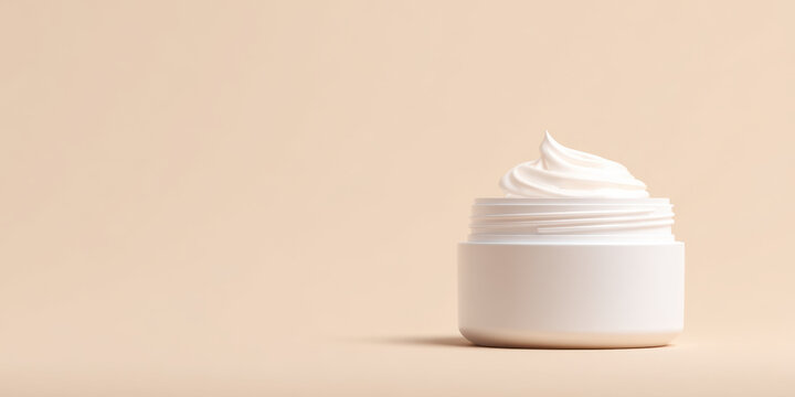 Open white cosmetic cream jar on beige background, minimal skincare product with soft shadow and clean studio light