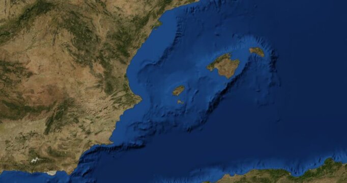 Ibiza on Globe. Zoom into the island with Earth spinning in space. High detail physical world map with Ibiza on it. Elements of this image furnished by NASA.