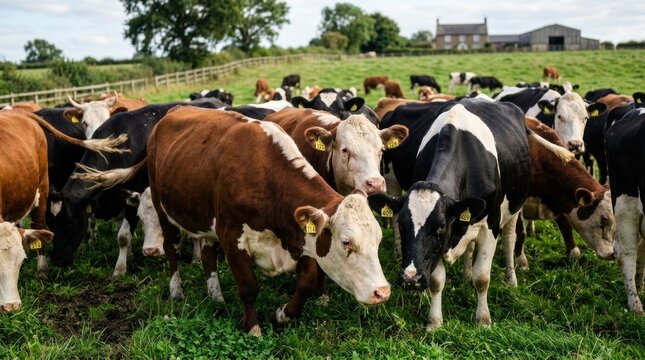 A herd of cows grazing in a lush green field with a barn in the background.