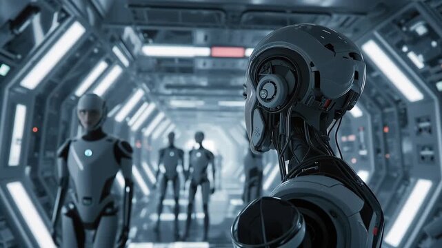 Futuristic android robot spaceship corridor with reflective metal skin soft blue light thoughtful