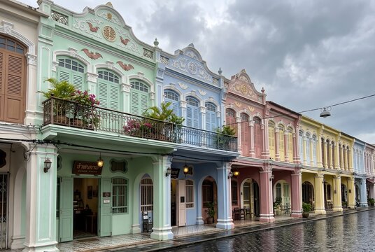 A vibrant street-level exterior photograph of a row of beautifully restored Sino-Portuguese shophouse facades in pastel colors &mdash; soft mint green, powder blue, dusty rose, and pale yellow.