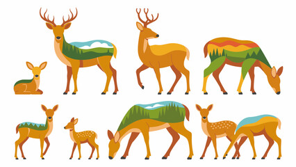 Fototapeta premium Deer Family Flat Illustration Set – Forest Wildlife Parents and Fawns Vector Collection