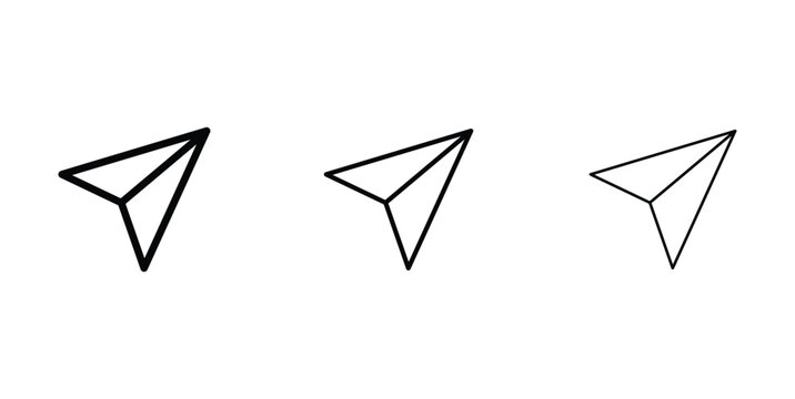 Minimalist paper plane icon set, black outline send symbols in three stroke weights, modern vector graphics for messaging and navigation interfaces