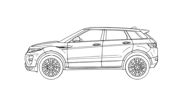 Luxury compact SUV side view outline vector illustration modern crossover car monoline line art isolated