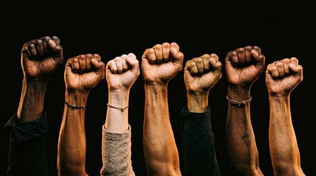 Multicultural group of activists raising fists in solidarity for intersectional social justice