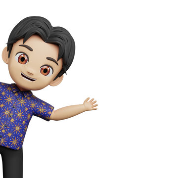 Curious 3D boy character wearing blue batik shirt peeking from behind the side edge of a white frame for playful design.