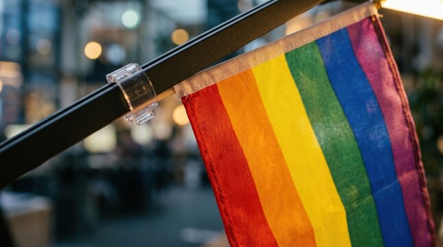 Rainbow pride flag on office monitor arm representing inclusive corporate culture and diversity