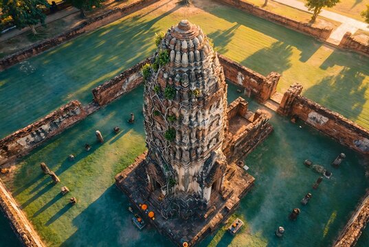 A dramatic aerial top-down tilted drone perspective of a weathered ancient Khmer-influenced Thai Prang tower surrounded by partially ruined laterite and brick temple walls.