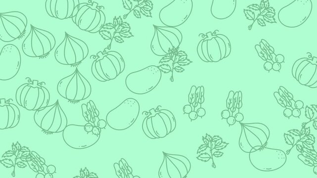 Variety of outlined vegetables on a light green background. Suitable for web design, food blogs, recipes, healthy lifestyle articles.