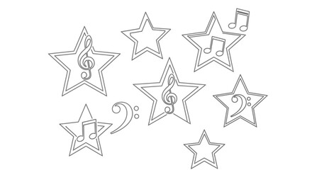 Obraz premium Musical stars illustration outlined shapes with clef and notes on white