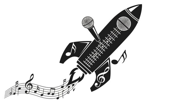 Musical rocket ship illustration with microphone and musical notes on white background
