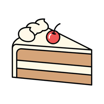Cartoon slice of cake with cherry on top isolated on white background
