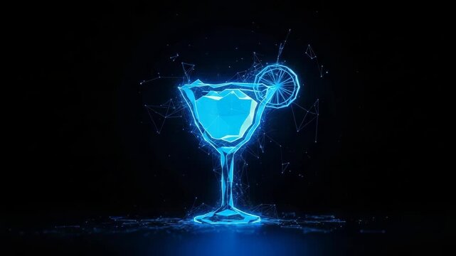 Illuminated Cocktail Glass In Neon Blue Created With Low-poly Lines Set Against Black Background With Scattered Light Particles For Tech Bars Night Club Concepts Advertisements